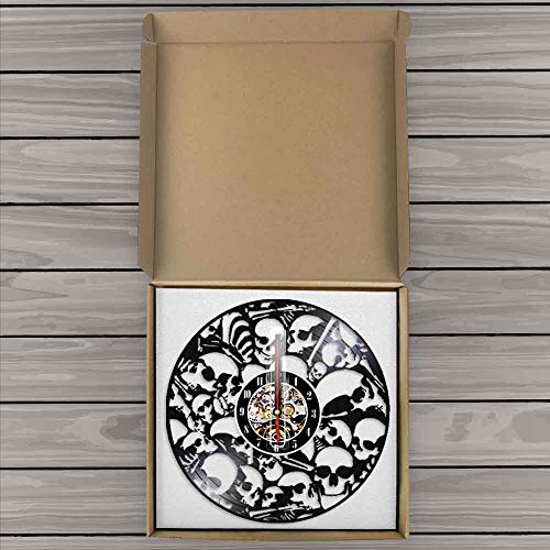 BFMBCHDJ Reloj de Pared con Cabezas esqueléticas muertas Marca de Disco de Vinilo Cráneos Apilados Colgantes Vintage Arte de Pared Decoración de Terror de Halloween Reloj de Vinilo