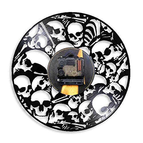 BFMBCHDJ Reloj de Pared con Cabezas esqueléticas muertas Marca de Disco de Vinilo Cráneos Apilados Colgantes Vintage Arte de Pared Decoración de Terror de Halloween Reloj de Vinilo