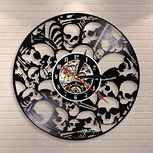 BFMBCHDJ Reloj de Pared con Cabezas esqueléticas muertas Marca de Disco de Vinilo Cráneos Apilados Colgantes Vintage Arte de Pared Decoración de Terror de Halloween Reloj de Vinilo