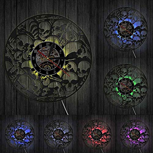 BFMBCHDJ Reloj de Pared con Cabezas esqueléticas muertas Marca de Disco de Vinilo Cráneos Apilados Colgantes Vintage Arte de Pared Decoración de Terror de Halloween Reloj de Vinilo