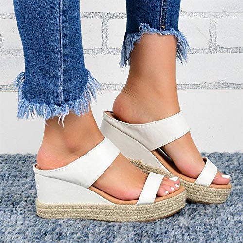 B/H Verano Sandalias Antideslizantes con Fondo,Zapatillas con tacón Inclinado, Ropa Exterior de Mujer, Cuerda de cáñamo de Suela Gruesa, Tejido de Gran tamaño-White_36