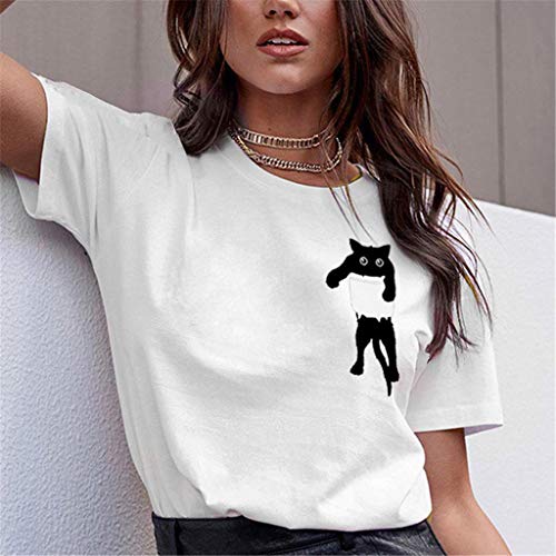 BHYDRY Camiseta con Estampado de Gatos para Mujer Blusa de Manga Corta Suelta Casual Tops sin Mangas