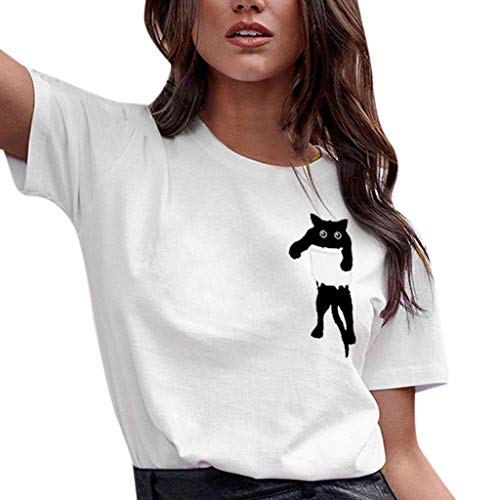BHYDRY Camiseta con Estampado de Gatos para Mujer Blusa de Manga Corta Suelta Casual Tops sin Mangas