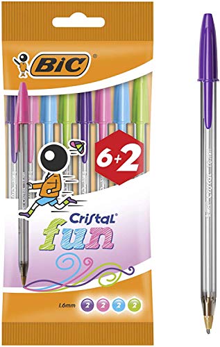 BIC Cristal Fun Bolígrafos Punta Ancha (1.6 mm) - Colores Fashion Surtidos, Blíster de 6+2