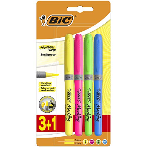 BIC Highlighter Grip Marcadores punta biselada Ajustable - colores Surtidos, Blíster de 3+1