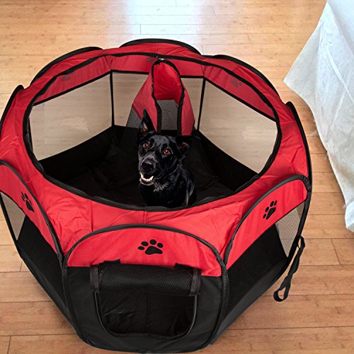 BIGWING Style Parque Mascota de Juego Entrenamiento Dormitorio Perro Gato Conejo Octágono Plegable Lavable Durable 73x 73x 43 CM, Negro y Rojo