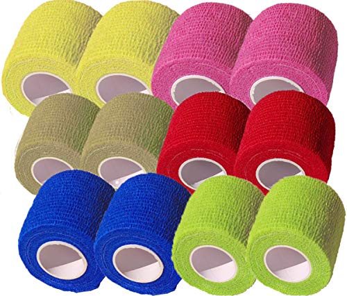 Biluer 12 Rollos Elástico Vendas Autoadherente Vendaje Deportivo Fuerte, para Muñeca,Dedos de los Pies,Tobillo y Esguinces,Distensiones e hinchazón, Autoadhesivo de compresión,6 Colores, 5 cm x 4.5 m