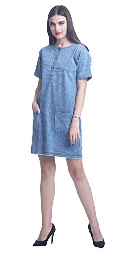 Bimba Para Mujer Yugo Denim Botón Frontal por Encima De La Rodilla Vestido