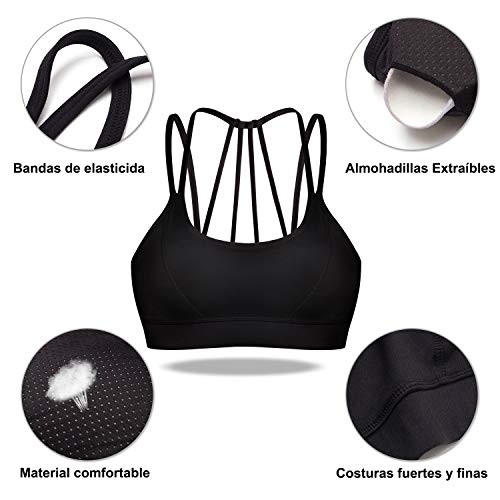 Bingrong Sujetador Deportivo de Entrenamiento Mujer Alto Impacto Yoga Fitness Running Camisetas sin Mangas Sin Costuras Acos Ropa Interior Almohadilla Extraíble Bra Deporte Push Up (Negro, Large)