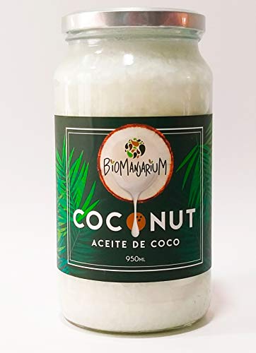 BIOMANJARIUM Aceite de Coco Virgen Extra Orgánico, Ecológico y 100% Natural, ideal para el cabello, piel y blanquear dientes. Coconut Oil. 950 ml.