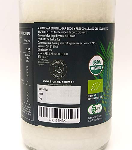 BIOMANJARIUM Aceite de Coco Virgen Extra Orgánico, Ecológico y 100% Natural, ideal para el cabello, piel y blanquear dientes. Coconut Oil. 950 ml.