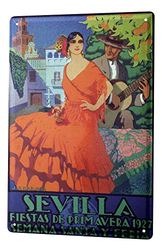 BIT Deco City Sevilla España Flamenco 1927 - Cartel de metal retro vintage de aluminio para decoración de la pared del hogar, café, bar, pub y hombre cueva, 20 x 12 pulgadas