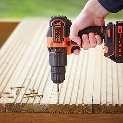 BLACK+DECKER BCK24D2S-QW - Taladro Percutor 18V (21.000 ipm) y amoladora 125 mm 18V, con 2 baterías litio 2Ah y bolsa de transporte