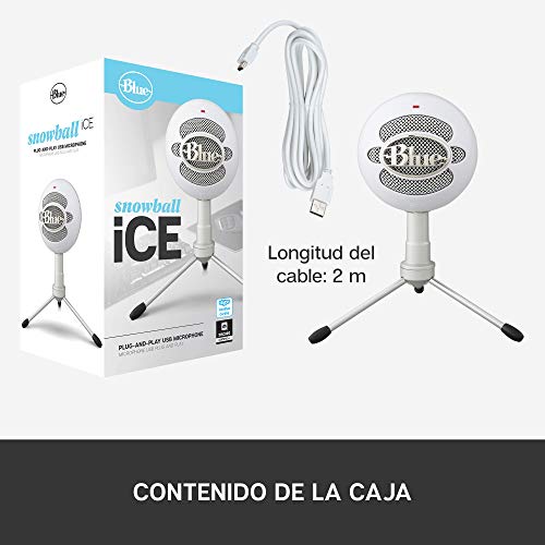 Blue Microphones Snowball ICE - Micrófono USB para grabación y transmisión en PC y Mac, cápsula de condensador cardioide, soporte ajustable, Plug and Play, color Blanco