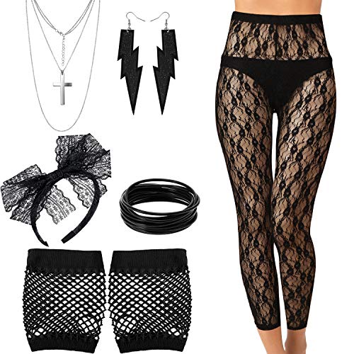 Blulu Set de Accesorios de Vestimenta de los años 80 para Mujer, Legging de Encaje, Guantes de Rejilla, Pulsera de Silicona, Collar con aretes y Disfraces para Fiesta (M)