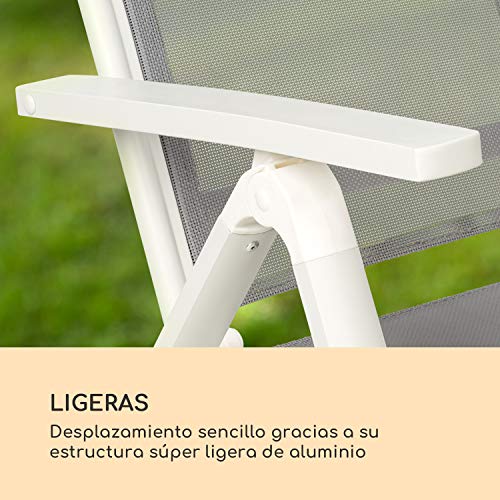 Blumfeldt Cádiz Garden Chair - Dos sillas de jardín, Plegables, Estructura Aluminio, Protección Pintura en Polvo, Tela 2x2 MTS. de Secado rápido, Respaldo 7 Posiciones, Blanco/Gris Claro