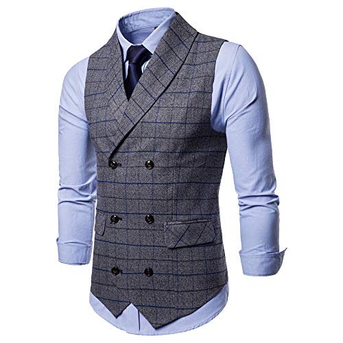 Bmeigo Chaleco para Hombre Manga Chalecos Slim Fit Tweed de Cuello en V Traje de Negocios Vintage Check Top de Doble Botonadura Boda Ceremonia