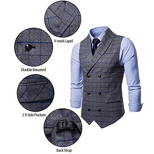 Bmeigo Chaleco para Hombre Manga Chalecos Slim Fit Tweed de Cuello en V Traje de Negocios Vintage Check Top de Doble Botonadura Boda Ceremonia