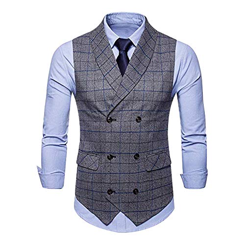 Bmeigo Chaleco para Hombre Manga Chalecos Slim Fit Tweed de Cuello en V Traje de Negocios Vintage Check Top de Doble Botonadura Boda Ceremonia