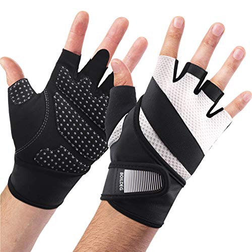 boildeg Guantes Gimnasio Hombre Mujer,Guantes Pesas Gym Guantes Fitness Transpirable con Protección Completa de Muñeca y Palma para Crossfit Levantamiento de Pesas Musculación (Blanco, L)