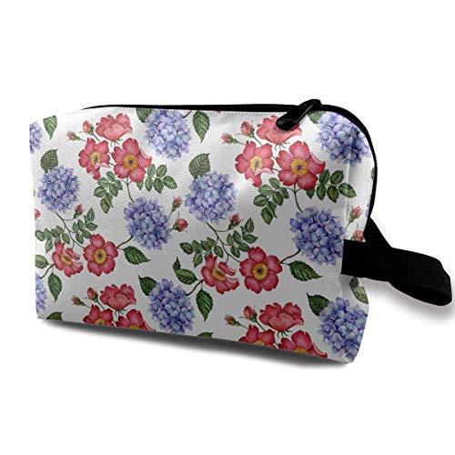 Bolsa de cosméticos de rosa mosqueta y hortensia, portátil, adorable y espaciosa, bolsas de maquillaje de viaje, organizador de paquetes de lápices