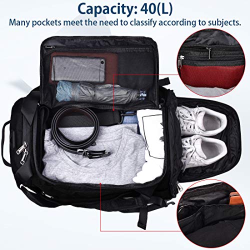 Bolsa Deporte Bolsa Gimnasio de Viaje Impermeable Bolsos Deportivos Fin de Semana Travel Duffle Bag para Hombre y Mujer Negro