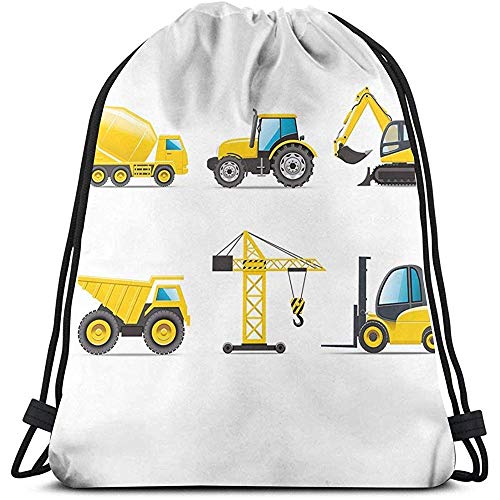 Bolsas De Cuerdas Gimnasio,Backpack,Drawstring Bolso,Mochila con Cordón,Estilo De Dibujos Animados Maquinaria Pesada Camión Grúa Excavadora Mezclador Tractor Construcción Deporte Mochila De Viaje,Bo