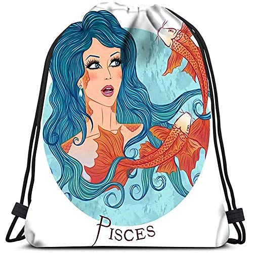 Bolsas De Cuerdas Gimnasio,Mochila Con Cordón,Saco De Gimnasio Deporte,El Signo Astrológico Piscis Como Hermosa Niña Con Cabello Largo Forma Redonda Bolsa De Cuerda Deportiva Para Viajar Escuela Ir