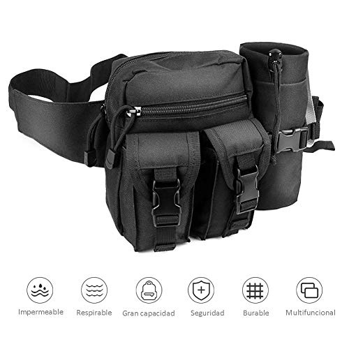 Bolso de Cintura Multiusos, Riñonera Táctica para hombres Cinturon Táctico Unisex Militar Portátil Botella de Agua para Uso al Aire Libre Deportes,Correr, Senderismo,Camping,Bicicleta,Alpinismo(Negro)