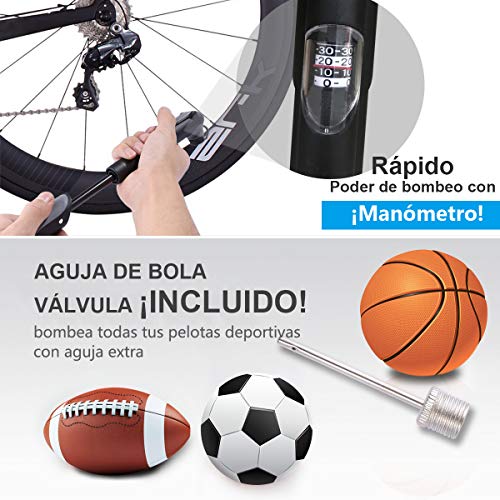 Bomba Para Bicicleta Con Manómetro, [120 PSI] Diyife Mini Bomba De Bicicleta [Set Completo Perfecto], Con Aguja, Kit De Parche, Tapas De VáLvulas Y Montura De Marco Para Presta Y Schrader