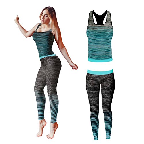 Bonjour® – Conjunto de ropa de yoga o entrenamiento para mujer, parte superior y mallas ajustadas, elástico Stretch-Fit, Top de chaleco turquesa, One Size ( UK 8 - 14 )