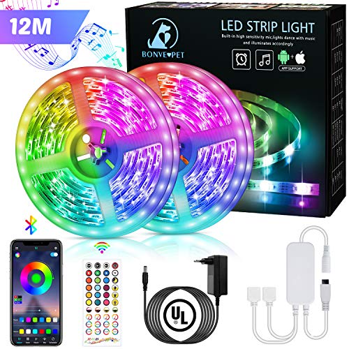 Bonve Pet 12M Tiras LED RGB 5050, Bluetooth Musical Tiras LED 12V Tiras de Luces LED Iluminación, Control de APP y Remoto Control de 40 Teclas,16 Millones de Colores, Modo Temporizador