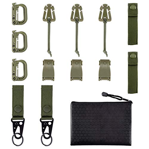 BOOSTEADY Kit de 13 Accesorios para Bolsa táctica de Molle Correa de Mochila Chaleco, Bloqueo Grimloc D-Ring,Web Dominator Cuerdas & Hebilla Elásticas,4"Correa MOD,Llavero Fijo en Bolsa de Cremallera