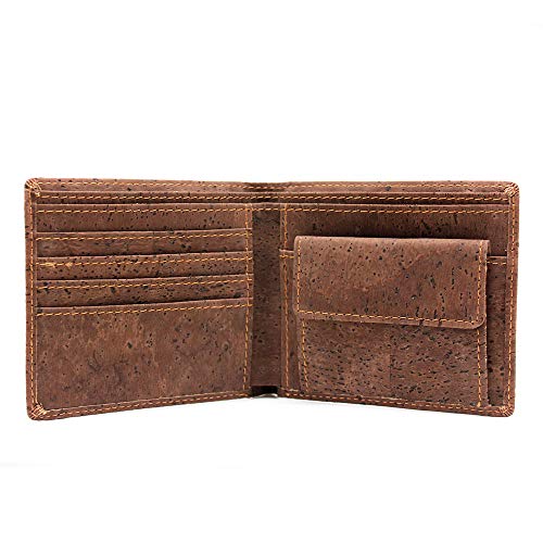 Boshiho - Cartera de corcho, delgada, plegable, con bolsillo para las monedas, cartera vegana respetuosa con el medioambiente para regalo, color marrón, talla Talla única

