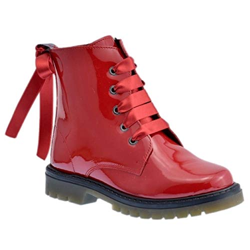 Bota Militar Piel Charol Rojo con Cordones Color: Rojo Talla: 35