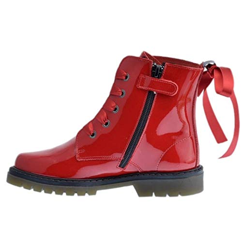 Bota Militar Piel Charol Rojo con Cordones Color: Rojo Talla: 35