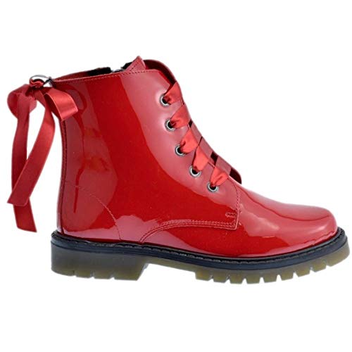 Bota Militar Piel Charol Rojo con Cordones Color: Rojo Talla: 35