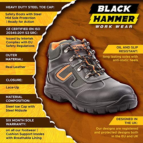 Botas de Seguridad de Cuero para Hombres Botas de Seguridad para hombresPuntera de Acero S3 SRC Calzado de Trabajo al Tobillo de Cuero 6652 Black Hammer (44 EU)