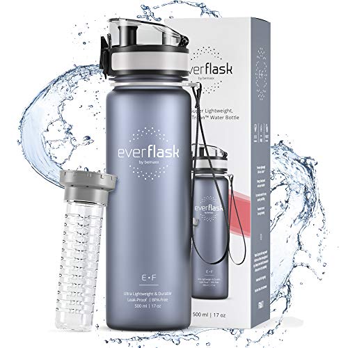 Botella Agua Deporte EVER FLASK + Contenedor para Fruta, Cantimplora de Tritan 500ml & 1l | Sin BPA Ligero Reutilizable Transparente Resistente | Niños Gimnasio Fitness Bicicleta Colegio Deportiva