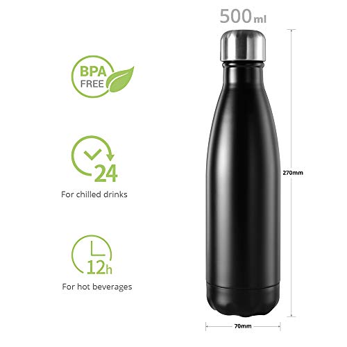 Botella de agua de acero inoxidable, botella para 12 horas calientes y 24 horas frías, botella deportiva ideal para trabajo, gimnasio, viajes, 500 ml, Negro brillante