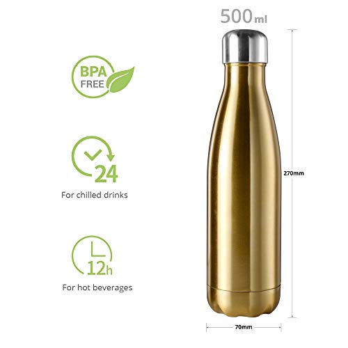 Botella de agua de acero inoxidable, botella para 12 horas calientes y 24 horas frías, botella deportiva ideal para trabajo, gimnasio, viajes, 500 ml, dorado