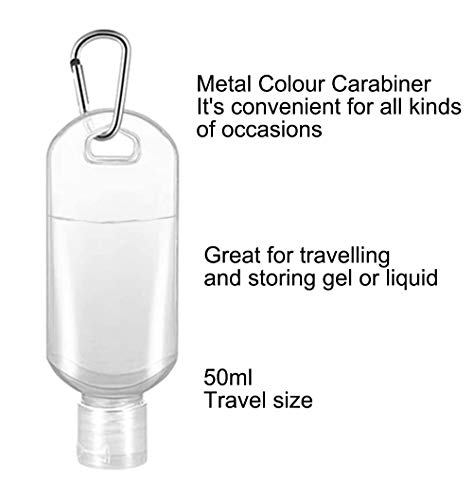 Botellas de viaje recargables para desinfectantes de manos, contenedores transparentes de plástico vacíos, contenedores líquidos con mosquetón (5 unidades)
