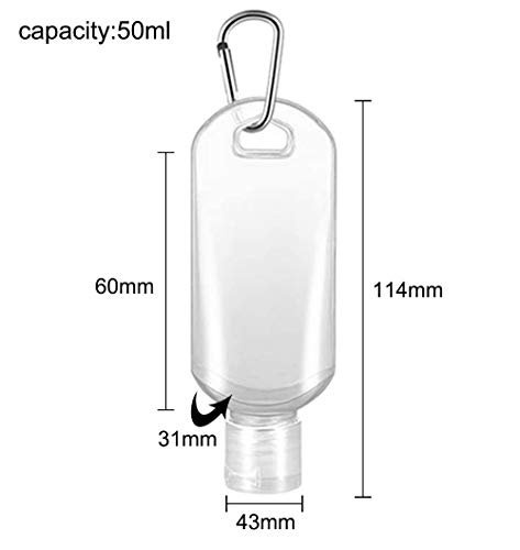 Botellas de viaje recargables para desinfectantes de manos, contenedores transparentes de plástico vacíos, contenedores líquidos con mosquetón (5 unidades)