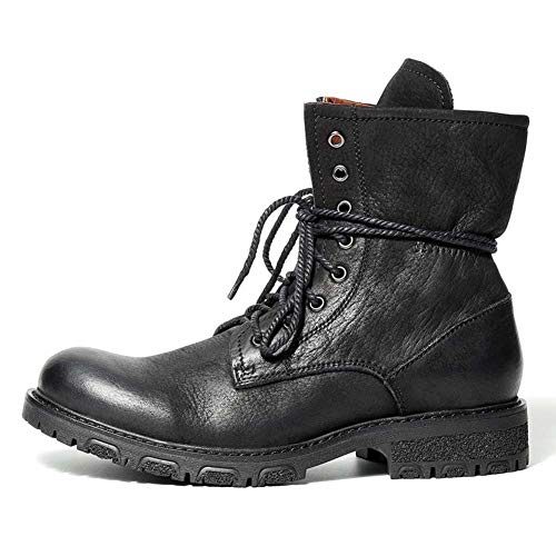 Botines De Hombre Botas De Motociclista De Trabajo Informal Botas De Cuero con Punta Redonda Y Cordones Botas De Combate del Ejército para Caballeros para Otoño Invierno,Negro,42