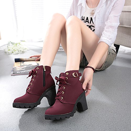 Botines Mujer Tacon Plataforma Botas Invierno Moda 2019 Zapatos Militares con Cordones Botines de Tacón Grueso Zapatos de Discoteca Antideslizante Botin Hebillas Yvelands(rojo,38)