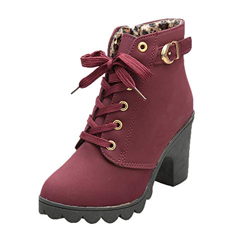 Botines Mujer Tacon Plataforma Botas Invierno Moda 2019 Zapatos Militares con Cordones Botines de Tacón Grueso Zapatos de Discoteca Antideslizante Botin Hebillas Yvelands(rojo,38)