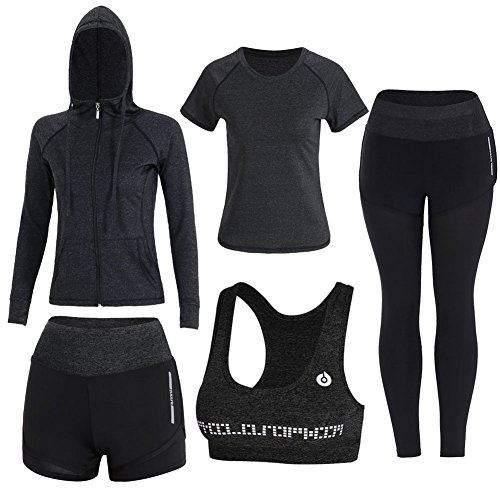 BOTRE 5 Piezas Conjuntos Deportivos para Mujer Chándales Ropa de Correr Yoga Fitness Tenis Suave Transpirable Cómodo (Negro, L)
