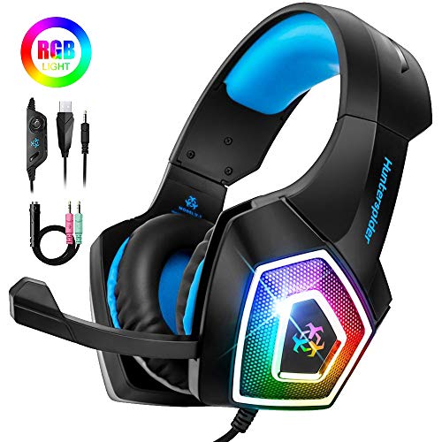 Bovon Cascos Gaming, Auriculares PS4 con Micrófono Cancelación de Ruido & Luz LED RGB, Cascos Gamer Xbox One Bass Surround con Orejeras de Memoria Suave para Nintendo Switch/Mac/PC/Tablet/Juego