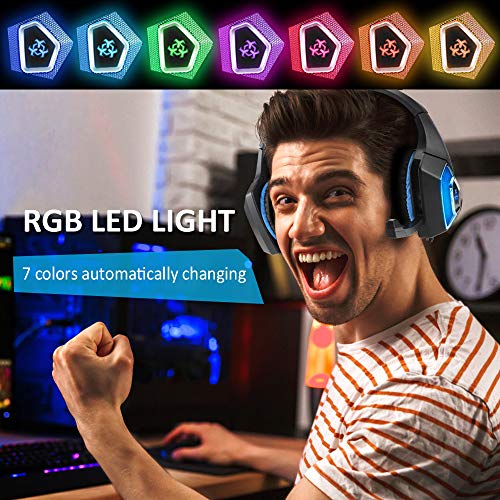 Bovon Cascos Gaming, Auriculares PS4 con Micrófono Cancelación de Ruido & Luz LED RGB, Cascos Gamer Xbox One Bass Surround con Orejeras de Memoria Suave para Nintendo Switch/Mac/PC/Tablet/Juego