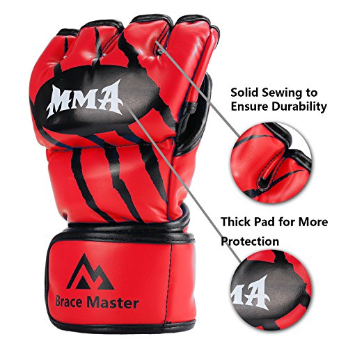 Brace Master MMA Gloves Guantes UFC Guantes de Boxeo para Hombres Mujeres Cuero Más Acolchado Saco de Boxeo sin Dedos Guantes para Kickboxing, Sparring, Muay Thai y Heavy Bag (Rojo S)